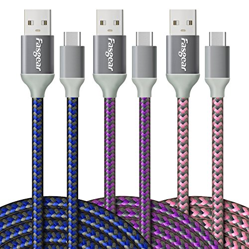 FASGEAR USB C TO USB A CABLES 3 PACOTE 10 pés 3A Charging Fast Type C 2.0 Cordão de carregador Nylon Compatível trançado