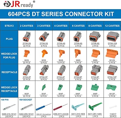 JRRADE ST6313 DT KIT DE CONECTOR DEUTSCH, 2 3 4 6 8 12 PIN CINZECIMENTOS CONEXORES, TAMANHO 16 Contatos sólidos Teriminals 14-20AWG,