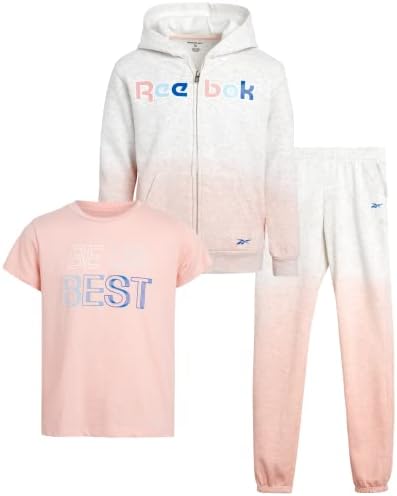 Conjunto de corredores de garotas reebok - camiseta de 3 peças, capuz de lã e calça de moletom