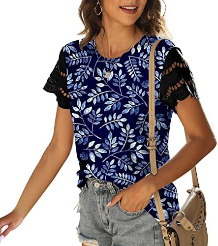 Camiseta feminina camiseta de manga curta pescoço de lacta de algodão gradiente de borboleta de flores de brunch de brunch