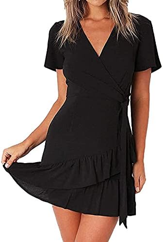 Vestido de inverno iqka para mulheres briga de manga curta com vestido de cinto Mini Summer Summer Neck V Dress feminino