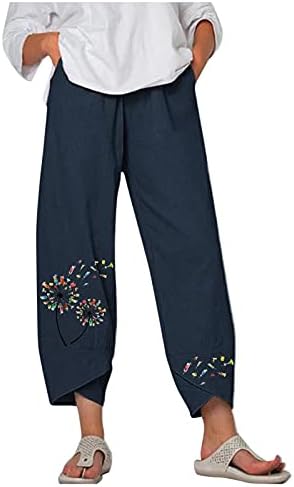 Calça de linho de algodão Capri Womens for Women Women Casual Summer Capri -Pants com bolsos soltos FIT BOHO Comfy Beach