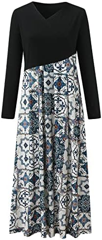 Iqka feminino midi vestido comprido manga longa o pescoço boêmio estampa floral de retalhos de retalhos casuais vestidos