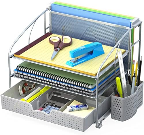 Organizador de mesa simples de utensílios simples 3 bandeja com gaveta deslizante, suporte de arquivo pendurado e acessório