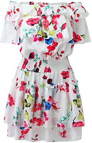 Iqka Women Sexy Off ombro travesti vestido floral estampara alta cintura A-line swing mini vestidos de festa de praia vestidos