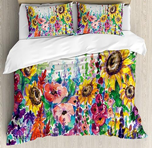 Conjunto de capa de edredão floral de Ambesonne, flores silvestres de estilo floral em aquarela em country lansdcape