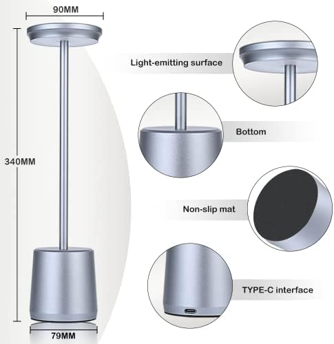 Lâmpada de mesa de metal sem fio EJFOIEJ, lâmpada de mesa de LED portátil com sensor de toque, lâmpada recarregável de 3 coloridas,