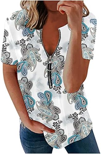 Camisas casuais de meia zíper feminino 2023 Impressão floral de manga curta de verão Tops de blusa de ajuste solto