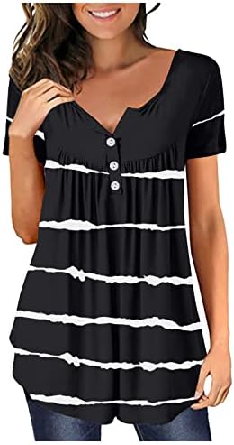 Lcepcy Women 2023 Summer Henley camisas plissadas de botão listrado tops tops casuais camisetas de blusa de manga curta casual