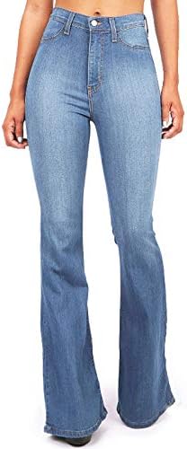 Jeans de flare para mulheres jeans de bolso largo de cintura larga calça de botão magro