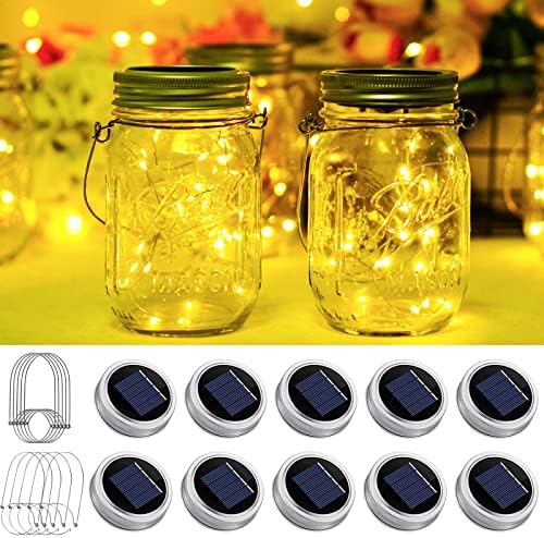 Solar Mason Jar Light Lids 10 Pack 20 LED Fairy String Light Inserts para potes com cabides Iluminação estrelada Resistência