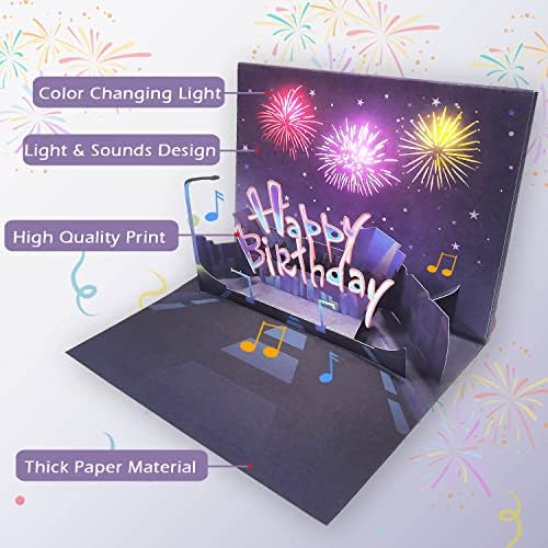 Cartão de aniversário pop -up 3D, música leve, fogos de artifício e aplaudir cartões de feliz aniversário, cores mutáveis