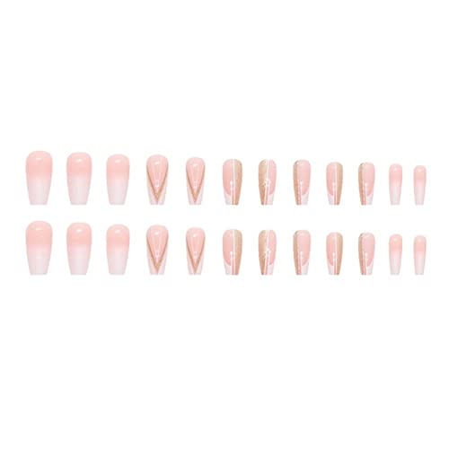 24pcs Pressione há muito unhas, bailarina francesa unhas falsas com design de pó de ouro, dicas de unhas de capa completa unhas falsas