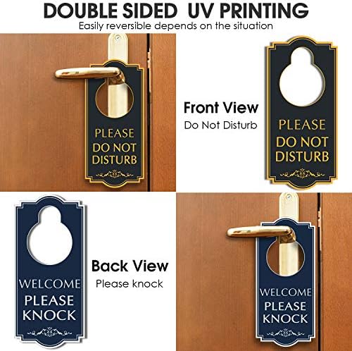 Não perturbe o cabide da porta - Bem -vindo, por favor, bata o sinal da porta, preto/azul de dupla face, 4 x 9 polegadas PVC Plástico