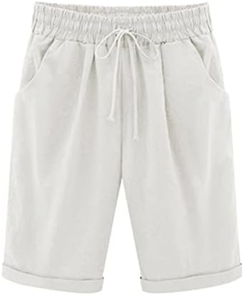 Linho de algodão feminino lençóal shorts longos na cintura bermudas shorts de verão com bolsos laterais com bolsos laterais