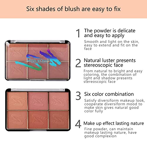 Vá ho 6 cores Paleta de blush de rosto, paleta de maquiagem de contorno fosco de brilho leve, kit de blush mineral em pó