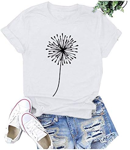 Womens Summer Tops Casual Loose Crewneck de Manga curta Tshirt Sunflower Bee and Mountain Print Tees