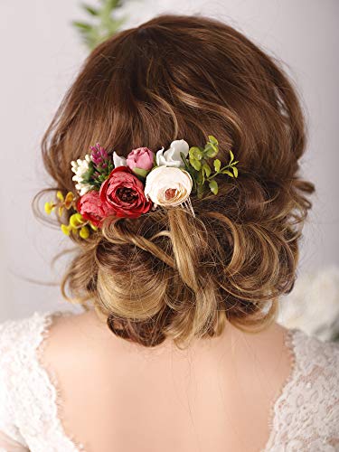 KercisBeauty Handmade Boho Hair Pente para Noivas Acessórios para Cabelo Floral de Flores Vermelhas Peda de Cabelo do Casamento