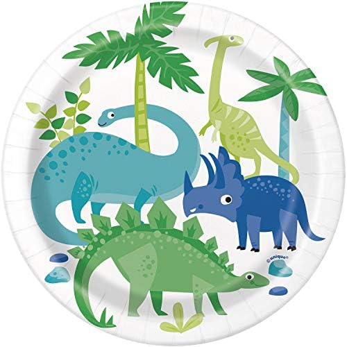 Placas de papel de sobremesa redonda - 7 | Dinosauro azul e verde | 8 PCs