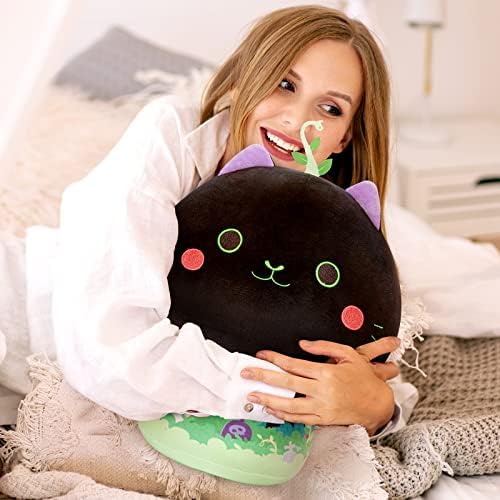 Mewaii 8 polegadas Cogumelo Black Cat Plelow Pillow + Gift Sacols com Pink Handle Gift for Girls meninos