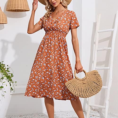 Vestido floral casual para mulheres de verão V de pescoço de manga curta uma linha de vestidos com cintura bocada vestido de férias