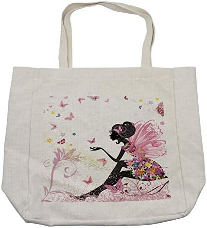 Bolsa de compras de fantasia de Ambesonne, silhueta feminina em um vestido floral jardim surreal voando borboletas estampadas, bolsa