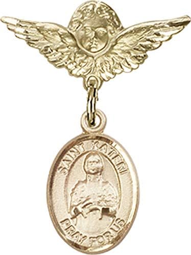 Rosgo do bebê de obsessão por jóias com o charme de St. Kateri e anjo com Wings Badge Pin | Distintivo de bebê cheio