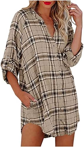 Vestido de outono de verão feminino Manga longa algodão V Gráfico de pescoço Mini Little Loose Fit Cirtle Sween Plaid