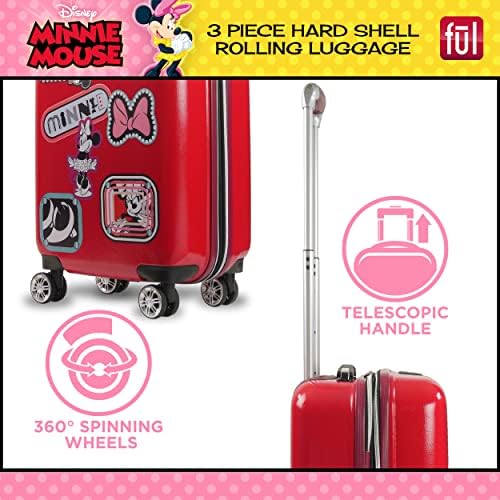 FUL Disney Minnie Mouse Patchwork 3 peças Rolling Bagage Set, mala dura com rodas, 21, 25 e 29 polegadas, vermelho