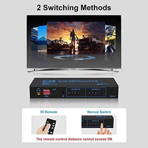 4K@60HZ HDMI Matrix Switch 4x2 com arco, Avedio Links 4 em 2 em 2 Out Matrix HDMI Switcher Splitter + Optical & 3,5 mm de áudio estéreo,