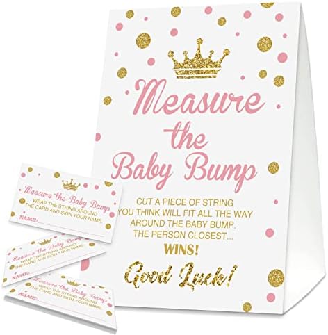 Oudiea Baby Shower Party Games, Pink Crown Mease Mommy's Belly Game - 1 sinal e 50 cartões de adivinhação, meça