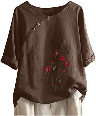 GRAPHIC FLORAL Tops de ajuste solto para damas 1/2 manga de luva de luvas de pescoço linho de linho de linho Top T Top TEEN