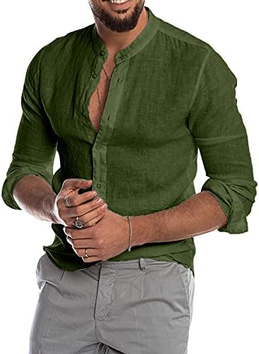 Botão de tamanho grande para cima de manga cheia camisa masculina linho de outono tops de pescoço de esqui encaixado camisa