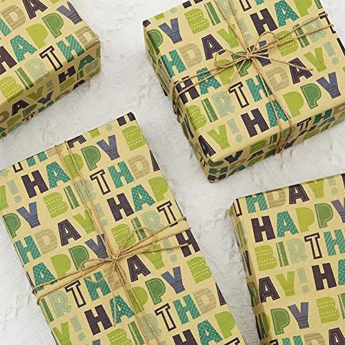 Feliz aniversário, papel verde de embrulho para homens, meninos, meninos, garotos, embrulho de presente, 20 x 28 polegadas por