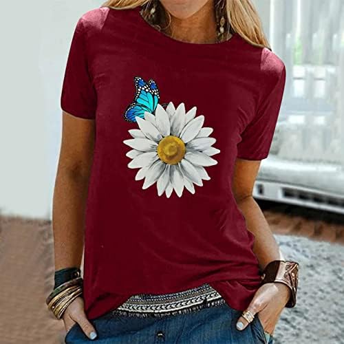 T-shirt de verão feminina NYYBW Tops de manga curta com flores diárias casuais e borboleta o pescoço da família