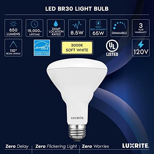 Luxrite BR30 BR30 LED BULBO, 65W Equivalente, 3000k Branco macio, diminuído, 650 lúmens, lâmpadas de inundação LED, 8,5w, estrela energética,