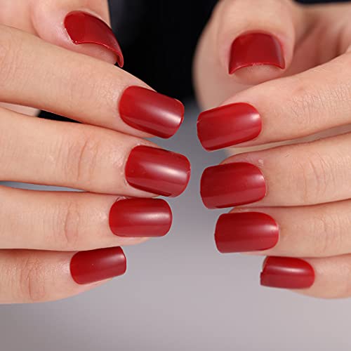 Yalice Red Pressione em unhas Praço quadrado curto unhas brilhantes em unhas de acrílico instantâneo para mulheres e meninas 24pcs