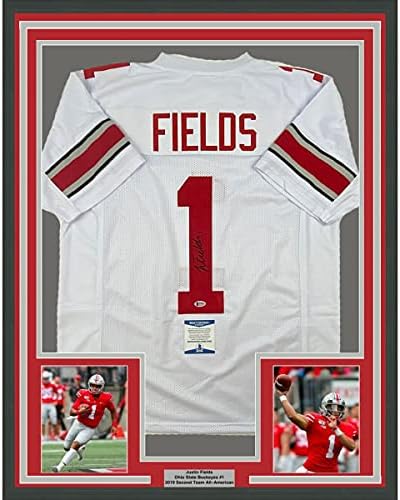 Justin Fields autografado/assinado 33x42 Jersey de futebol universitário do estado de Ohio Jersey Beckett Bas Coa