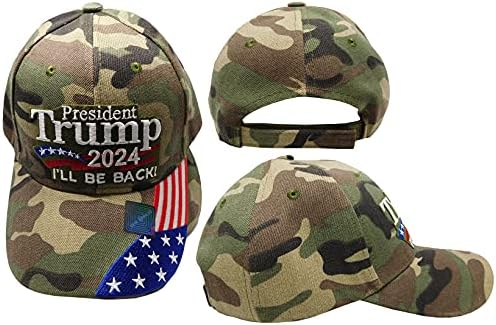 O presidente do comércio, Presidente Trump 2024, estarei de volta! Camuflagem da floresta bandeira dos EUA em Bill Bordable