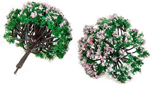 Angueradamente 60pcs Árvore verde para árvores Mini Modelo engraçado com flores paisagem cenário rosa/trem em casa portátil