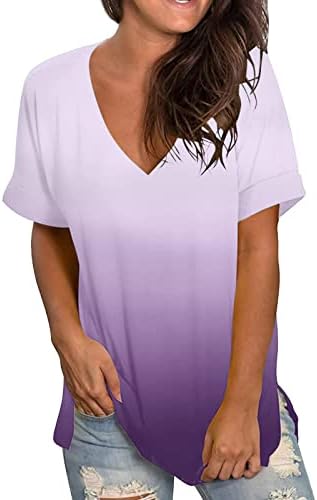 Camisas de manga curta feminino Tops de verão gradiente de manga curta V camisetas tee blusa impressa túnica de tamanho