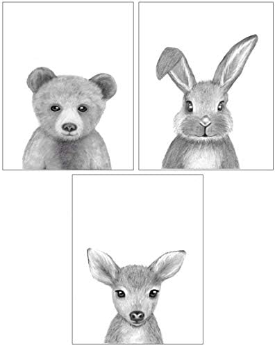 Conjunto de 3 obras de arte para viveiros de animais da floresta bebê | 11 x14 | Baby Bear, Bunny e Deer Woodland Animal Wall
