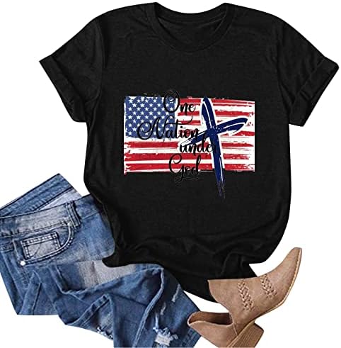 Uikmnh Tops femininos de verão bandeira dos Estados Unidos blusa de manga curta Camiseta de algodão largo