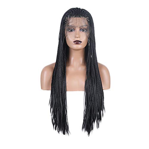 Rdy Long trançado a peruca frontal de renda 1B Perucas sintéticas de cor preta para mulheres negras Twist Braids Middle