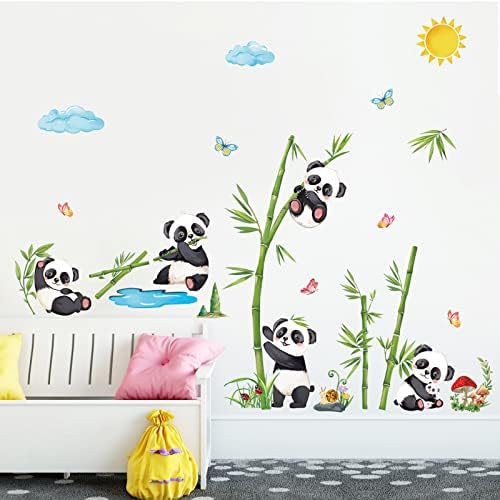 Urso de panda de decalsile com decalques de parede de bambu folhas verdes adesivos de parede de animais de flor Baby menina berçário