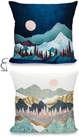 Resumo Boho Moon Night and Daytime Mountains Woodland Reversible Throw Pillow Capas 18''x18 '', Bohemia Nature Paisagem