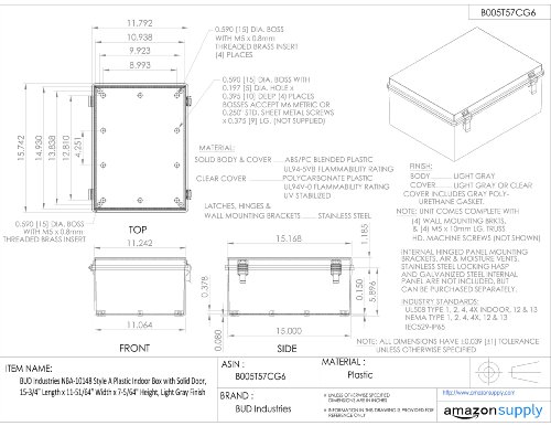 Bud Industries NBA-10168 estilo uma caixa interna de plástico 15,8 l x 11,8 W x 7,1 h, cinza, porta clara