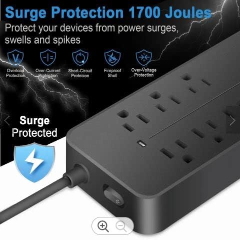 Surge Protector Power Strip com cabo de extensão com 8 pontos de venda e 3 portas USB, cabo de alimentação de 2 pés, 2700