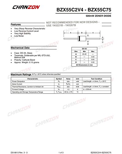 Chanzon BZX55C4V3 Diodo Zener 0,5W 4,3V Diodos axiais do DO-35 0,5 watt 4,3 volts