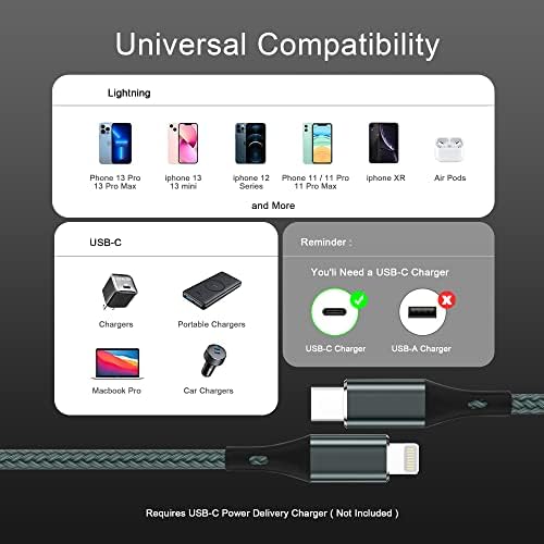 [Apple MFI Certified] USB C To Lightning Cable 2pack a 10 pés, iPhone Fast Fast Cable Cabo USB-C Power Charging Cord